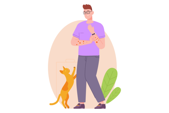 Cat Allergy. Man with Red Rash on Skin C