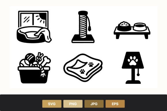 Cat Care Icons Set Black White