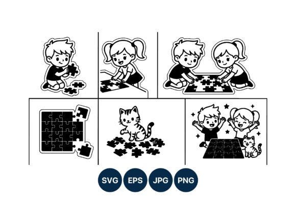 Child Playing Jigsaw Puzzle with Cat
