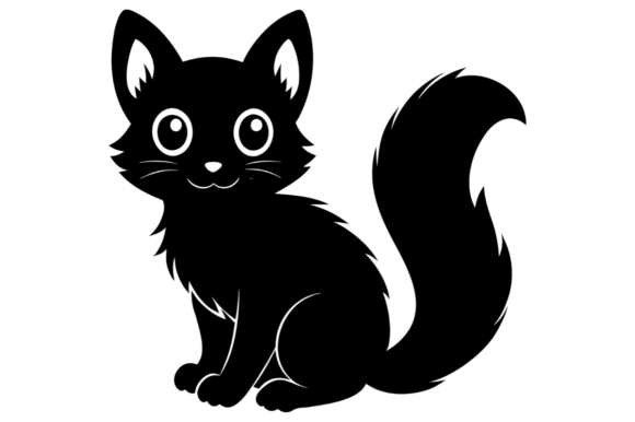 Cute Black Cartoon Cat with Big Eyes