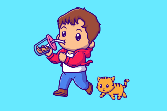 Cute Boy Drinking Boba Milk Tea with Cat