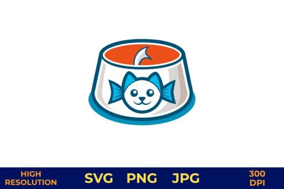 Cute Cat Bowl Vector with Fish Logo