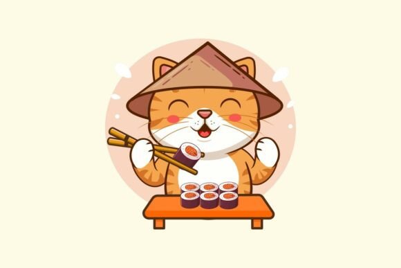 Cute Cat Character Eating Sushi