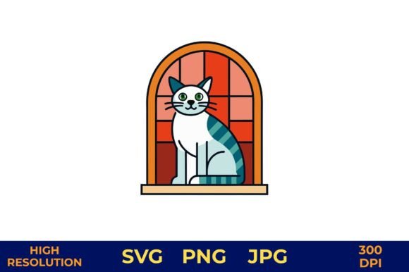 Cute Cat in Window Vector Art
