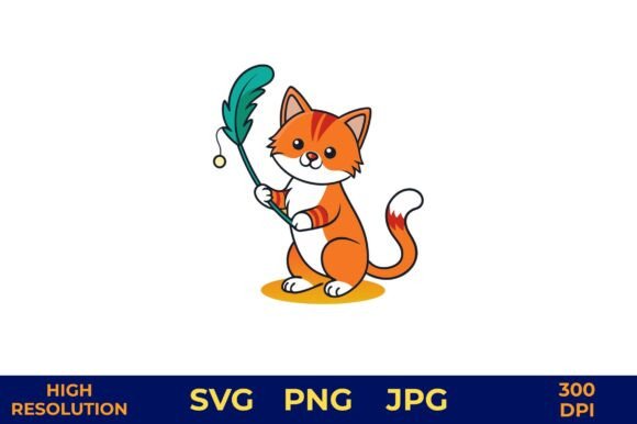 Cute Cat Playing with Feather Toy Vector