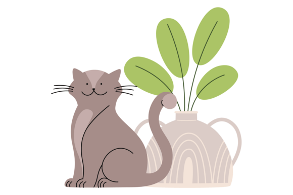 Cute Cat with Green Houseplant. Cozy Hom