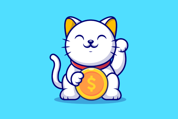 Cute Lucky Cat Holding Gold Coin Money