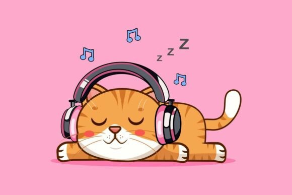 Cute Orange Cat Sleeping with Headphones