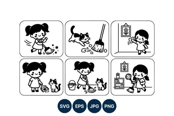 Girl Cleaning with Cat Vector Art
