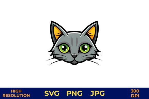 Gray Cat Face with Glowing Green Eyes