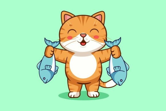 Happy Orange Tabby Cat Holding Two Fish