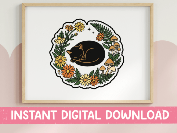 Sleeping Black Cat Floral Wreath Design